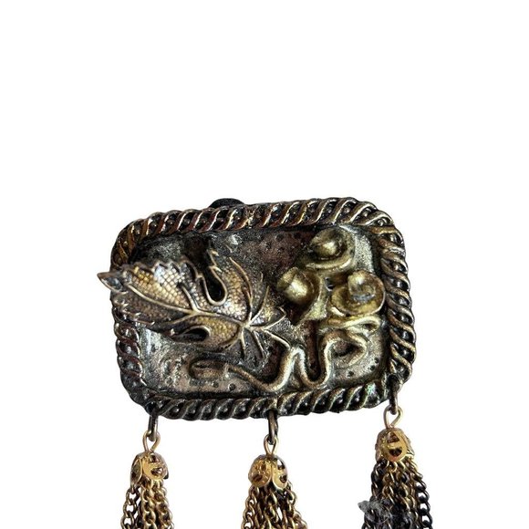 Antiqued Goldtone Rectangle Brooch Leaf and Flower Tassels 2"w x 2.75"l - Picture 3 of 5